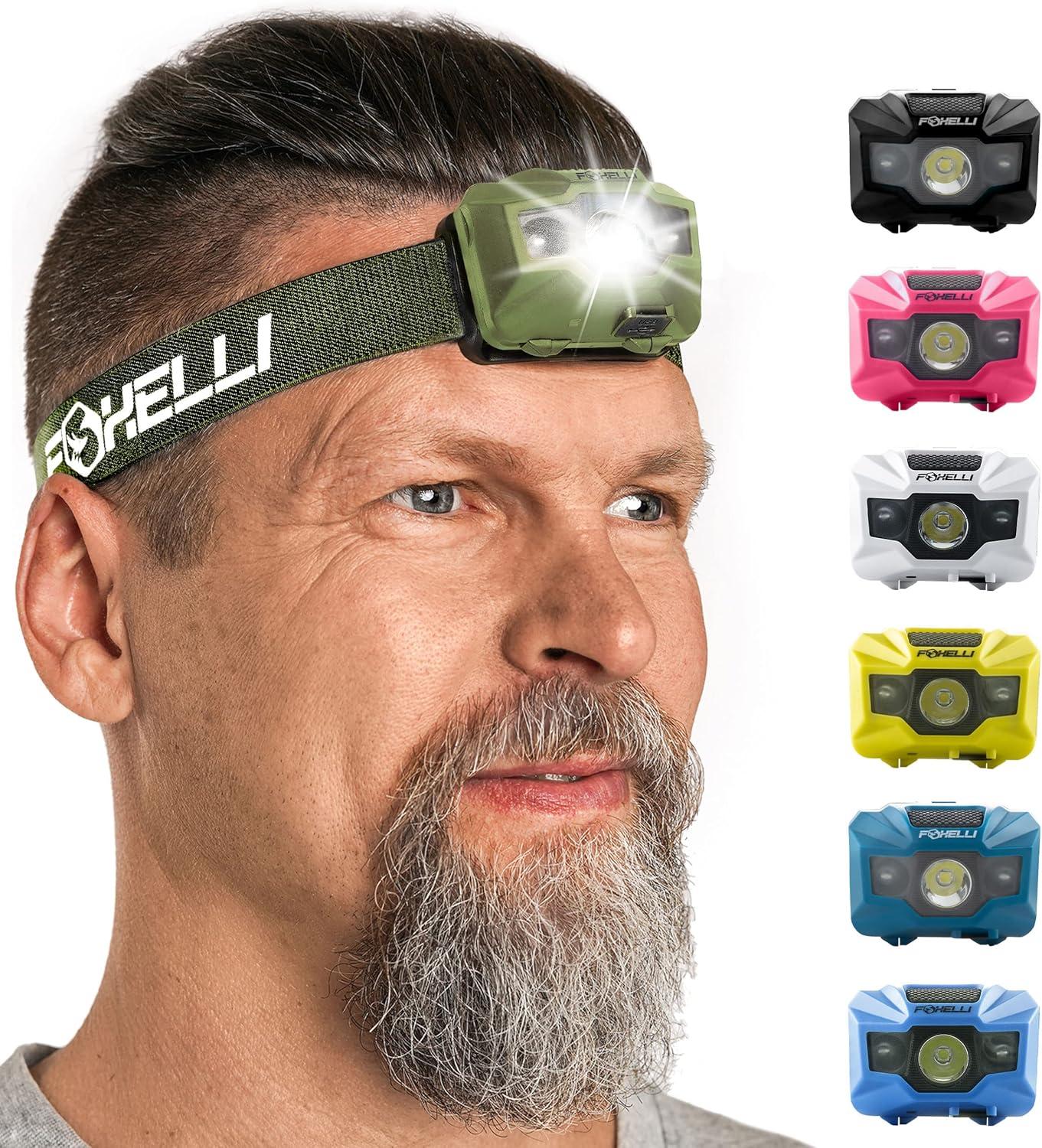 imageFoxelli Rechargeable LED Headlamp Bundle of 2 Khaki ampamp Blue Ultralight Waterproof Head Lamp with Red Light for Running Camping Hiking ampamp Outdoor