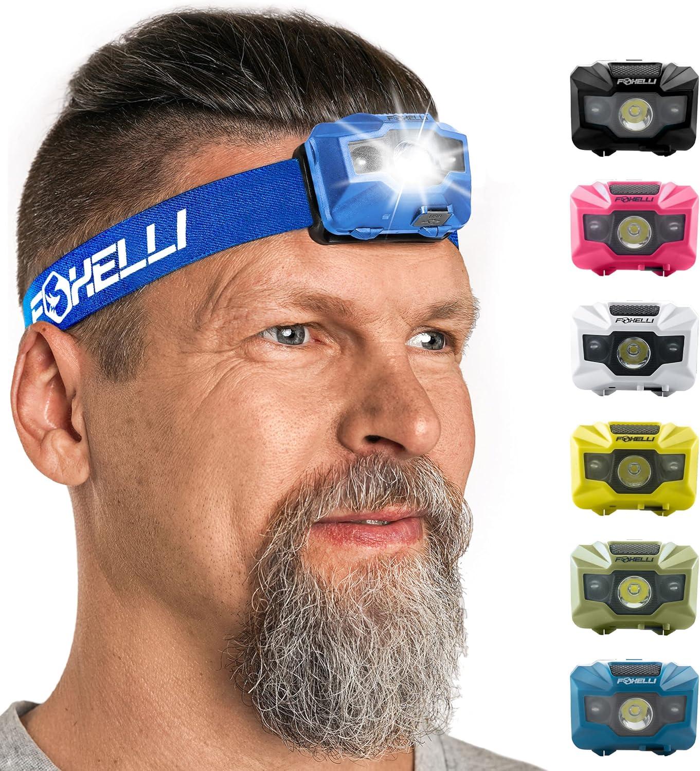 imageFoxelli Rechargeable LED Headlamp Bundle of 2 Khaki ampamp Blue Ultralight Waterproof Head Lamp with Red Light for Running Camping Hiking ampamp Outdoor