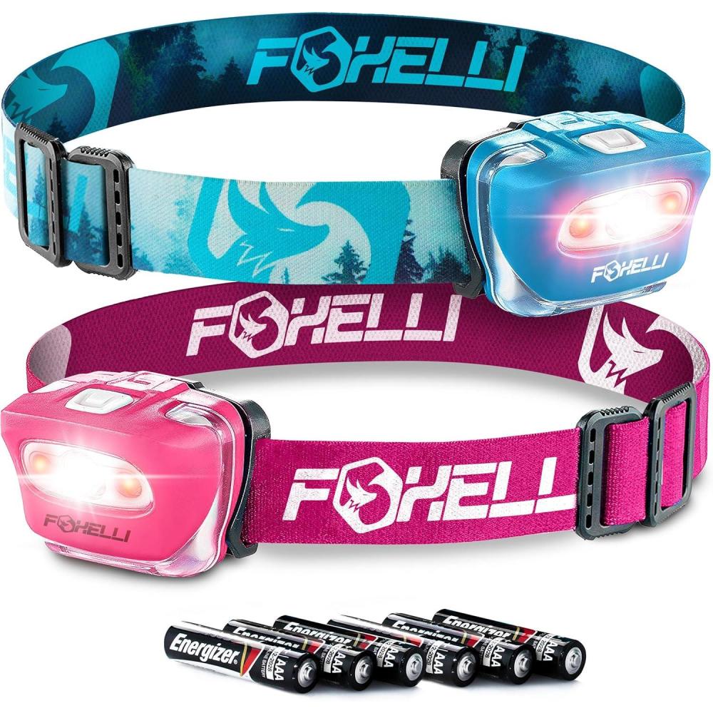 imageFoxelli LED Headlamp Bundle of 2  Forest ampamp Pink Waterproof White ampamp Red Light Comfortable Band 3 AAA Batteries Included