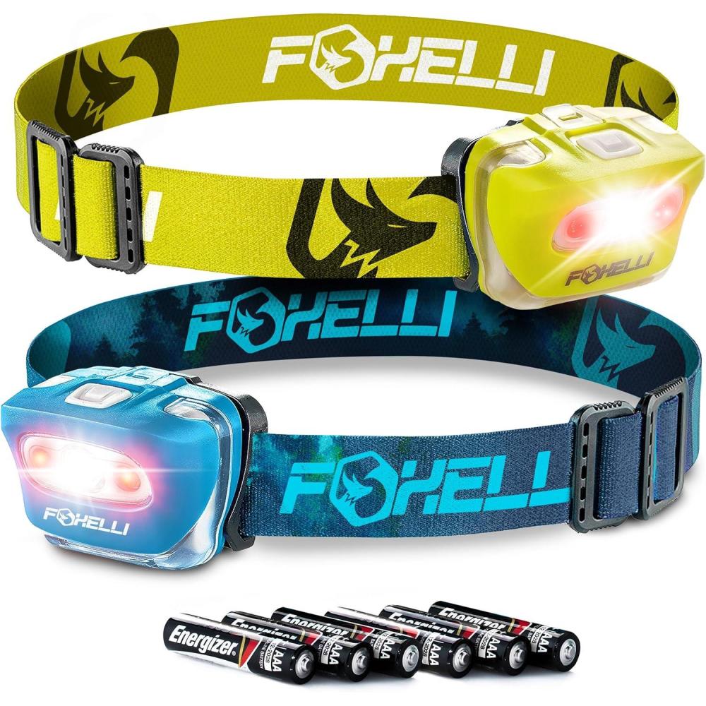 imageFoxelli LED Headlamp Bundle of 2  Yellow ampamp Forest Waterproof White ampamp Red Light Comfortable Band 3 AAA Batteries Included