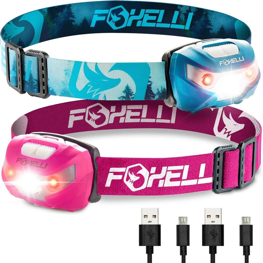 imageFoxelli Rechargeable Headlamp Bundle of 2  Forest ampamp Pink Super Bright LED Head Lamps Lightweight ampamp Comfortable for Running Camping Hiking ampamp Work