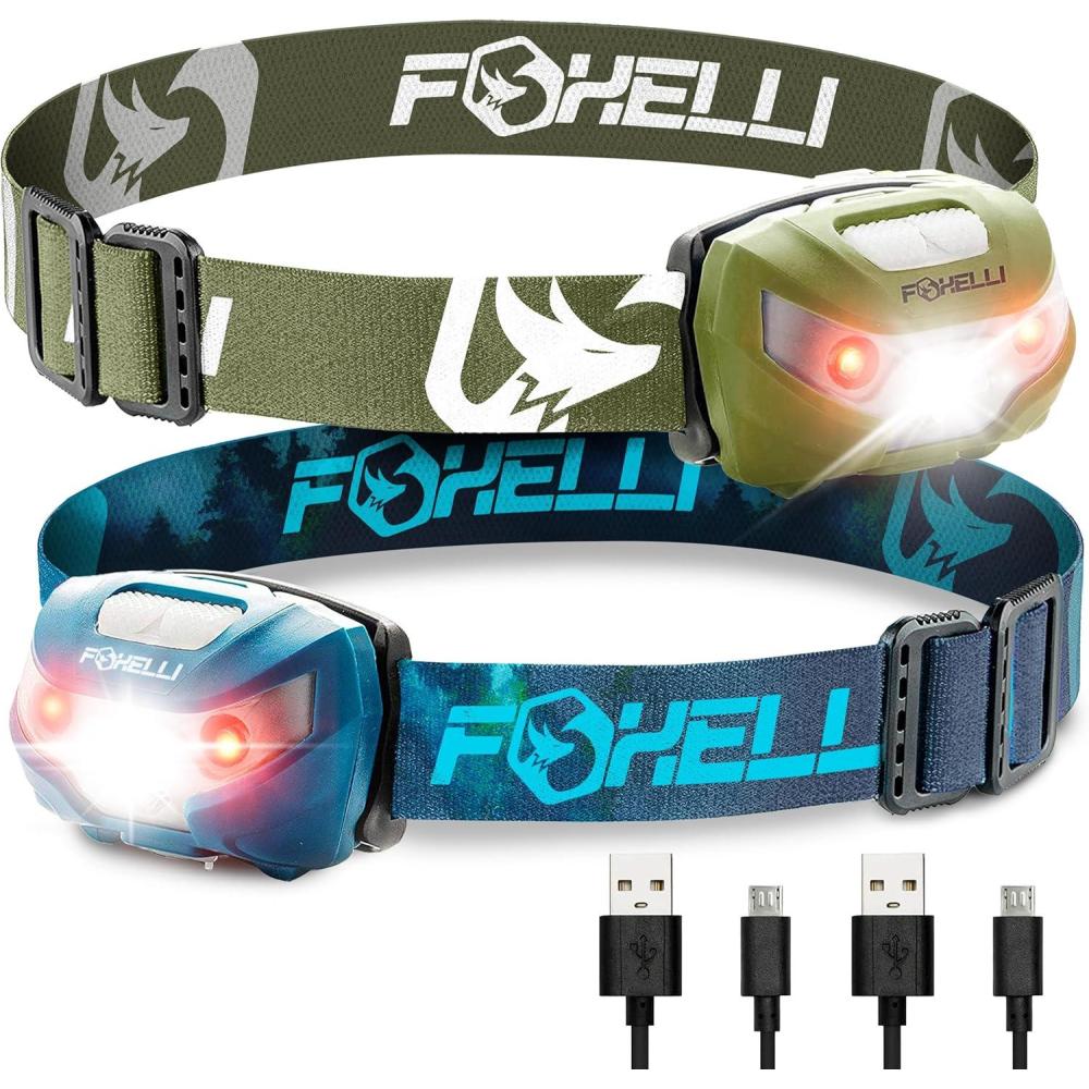 imageFoxelli Rechargeable Headlamp Bundle of 2  Khaki ampamp Forest Super Bright LED Head Lamps Lightweight ampamp Comfortable for Running Camping Hiking ampamp Work
