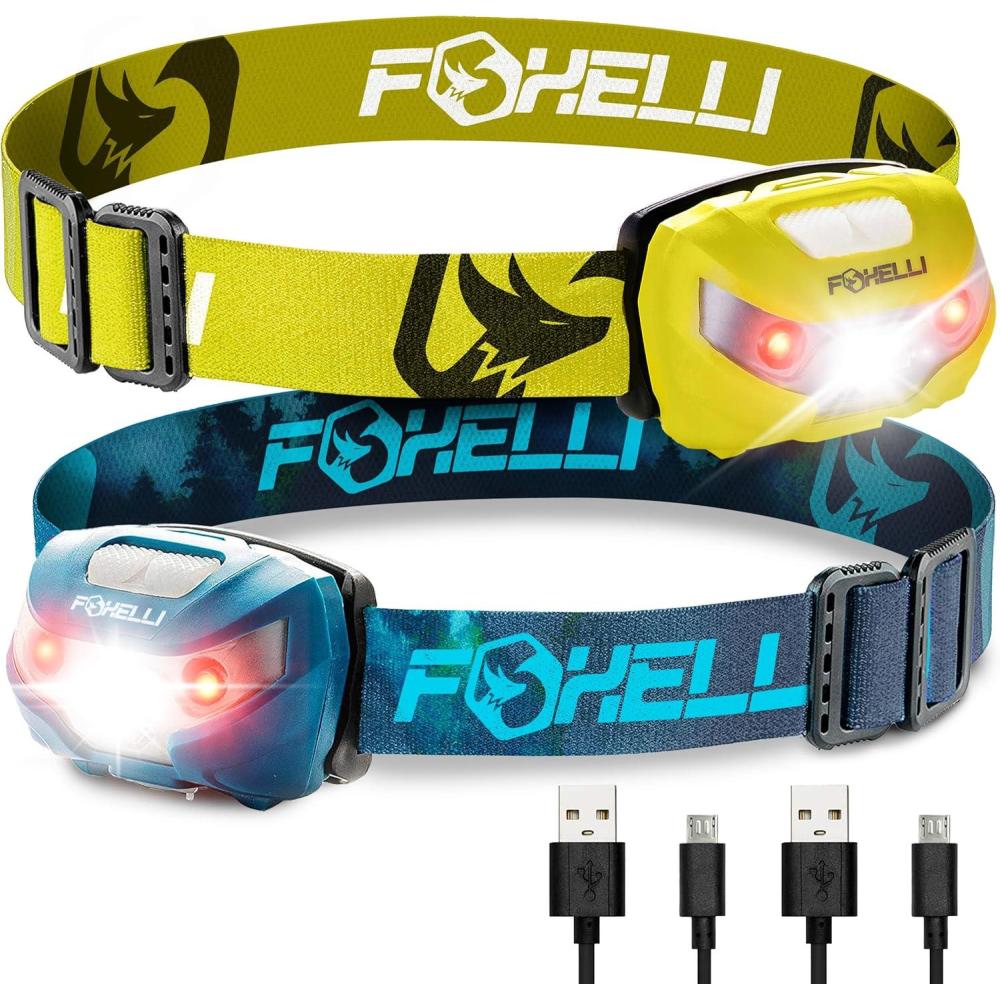 imageFoxelli Rechargeable Headlamp Bundle of 2  Yellow ampamp Forest Super Bright LED Head Lamps Lightweight ampamp Comfortable for Running Camping Hiking ampamp Work