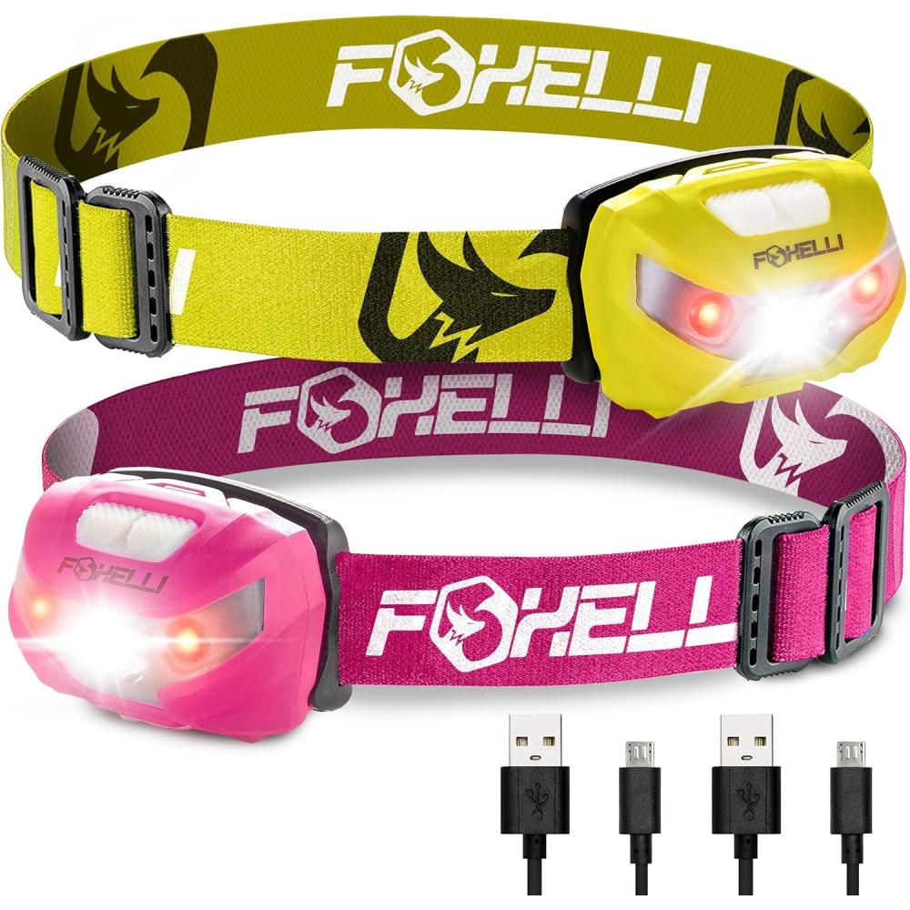 imageFoxelli Rechargeable Headlamp Bundle of 2  Yellow ampamp Pink Super Bright LED Head Lamps Lightweight ampamp Comfortable for Running Camping Hiking ampamp Work