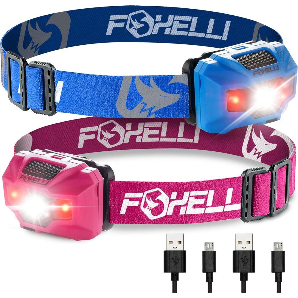 imageFoxelli Rechargeable LED Headlamp Bundle of 2  Blue ampamp Pink Ultralight Waterproof Head Lamp with Red Light for Running Camping Hiking ampamp Outdoor