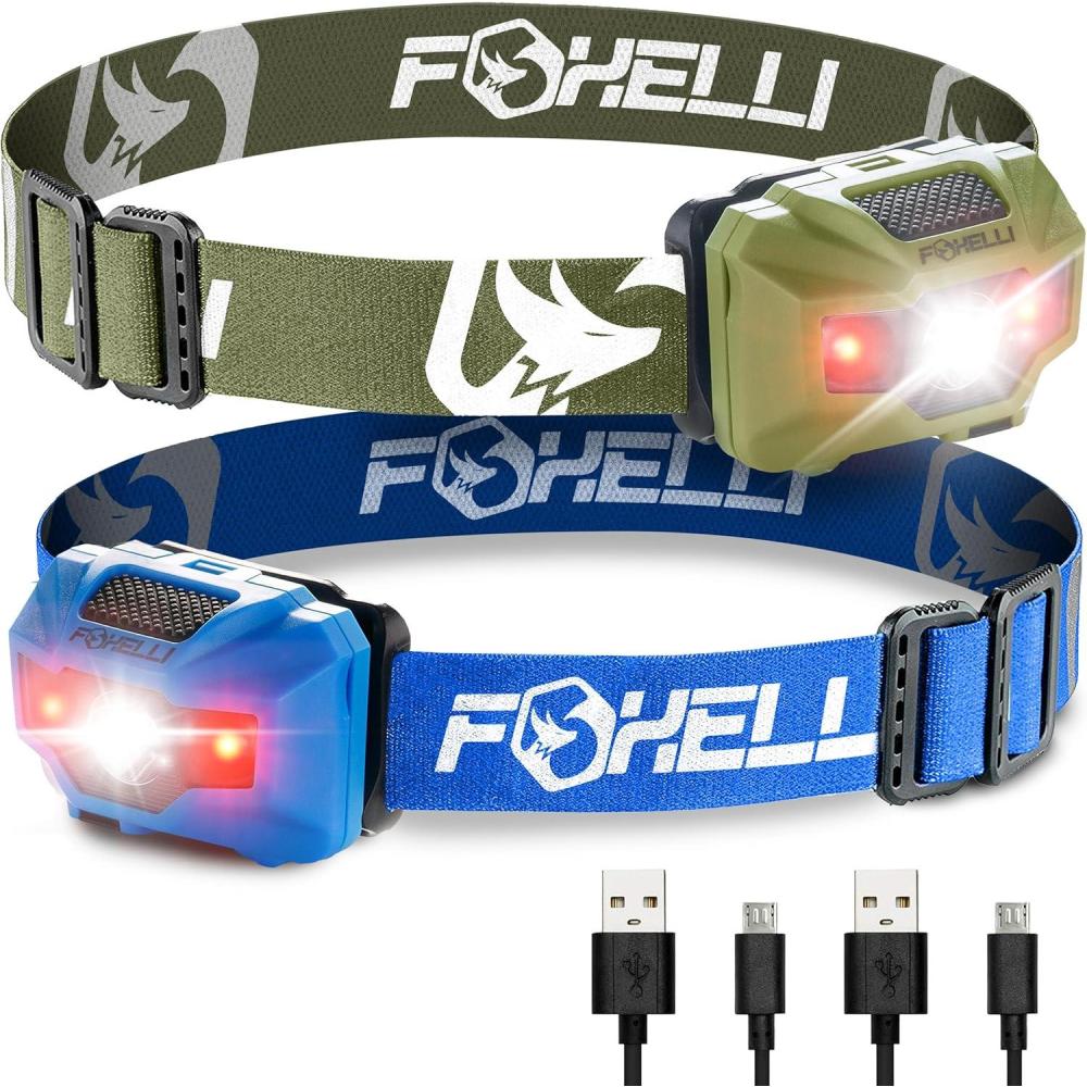 imageFoxelli Rechargeable LED Headlamp Bundle of 2  Khaki ampamp Blue Ultralight Waterproof Head Lamp with Red Light for Running Camping Hiking ampamp Outdoor