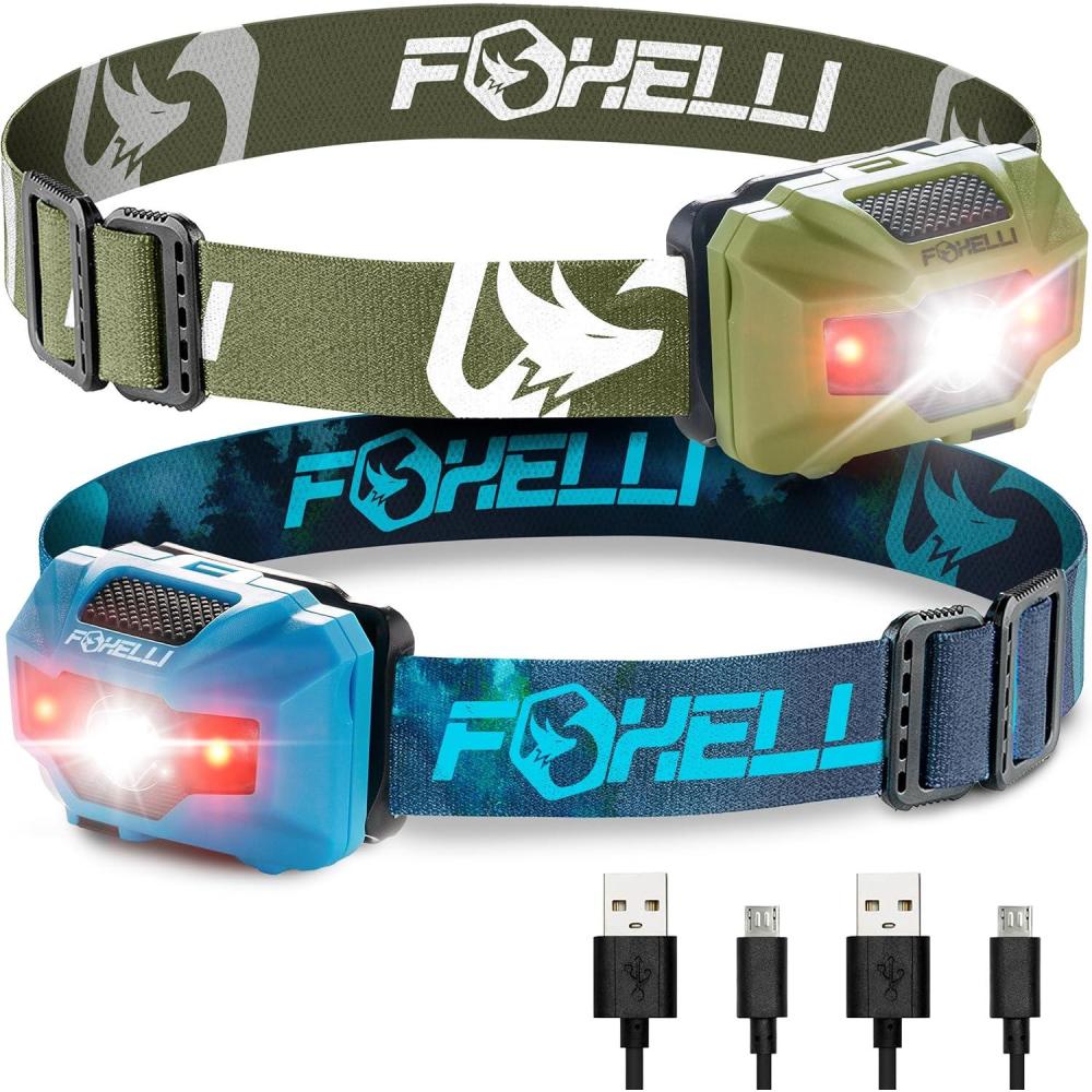 imageFoxelli Rechargeable LED Headlamp Bundle of 2  Khaki ampamp Forest Ultralight Waterproof Head Lamp with Red Light for Running Camping Hiking ampamp Outdoor