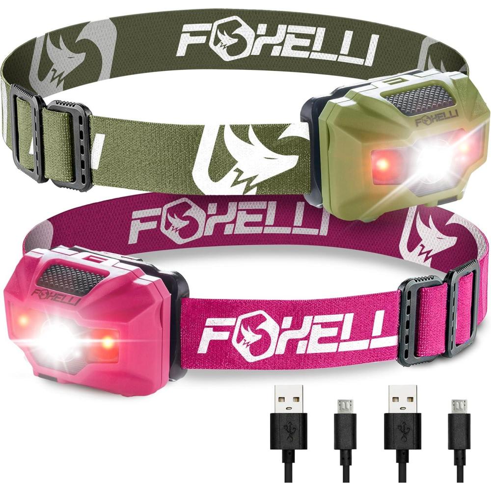 imageFoxelli Rechargeable LED Headlamp Bundle of 2  Khaki ampamp Pink Ultralight Waterproof Head Lamp with Red Light for Running Camping Hiking ampamp Outdoor
