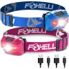 Foxelli Rechargeable LED Headlamp Bundle of 2 – Blue & Pink: Ultralight Waterproof Head Lamp with Red Light for Running, Camping, Hiking & Outdoor