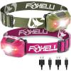 Foxelli Rechargeable LED Headlamp Bundle of 2 – Khaki & Pink: Ultralight Waterproof Head Lamp with Red Light for Running, Camping, Hiking & Outdoor
