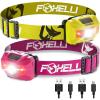 Foxelli Rechargeable LED Headlamp Bundle of 2 – Yellow & Pink: Ultralight Waterproof Head Lamp with Red Light for Running, Camping, Hiking & Outdoor