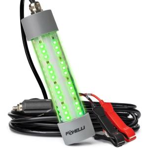 Foxelli Underwater Fishing Light – 3900-Lumen DC12V 30W Submersible IP68 Waterproof Green Fishing Light Attractant with 33ft Cable & Battery Clamps for Night Crappie & Squid